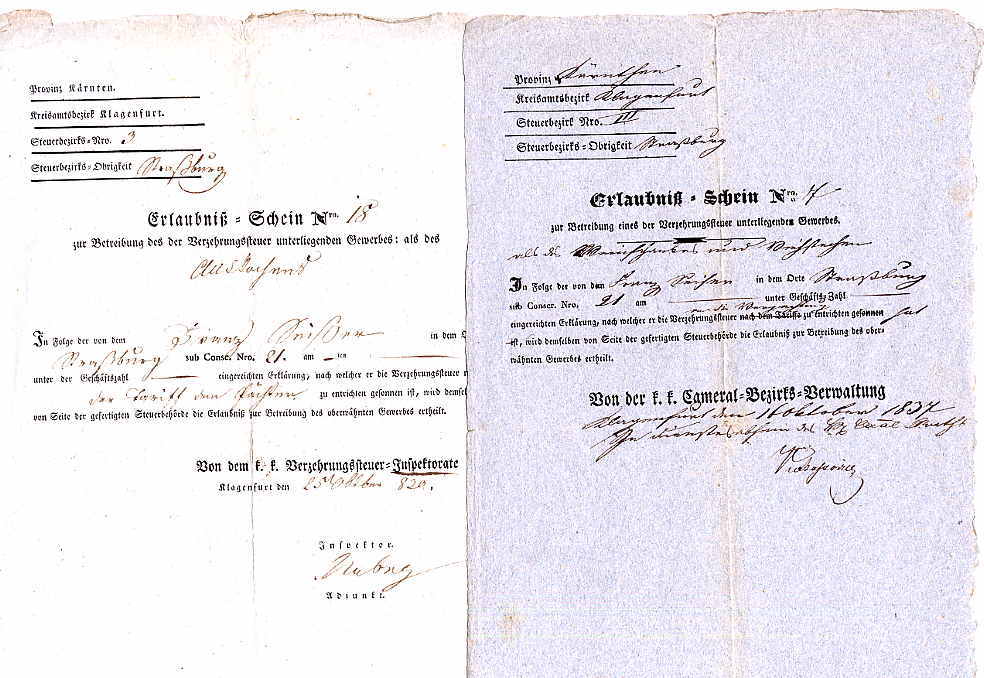 Zwei Erlaubsnisscheine zum Betrieb eines Gewerbes für Franz Seißer in Straßburg.