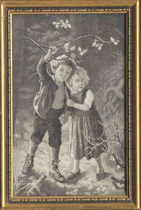 Seidenbild - Perdus dans la forêt. - Im Wald.