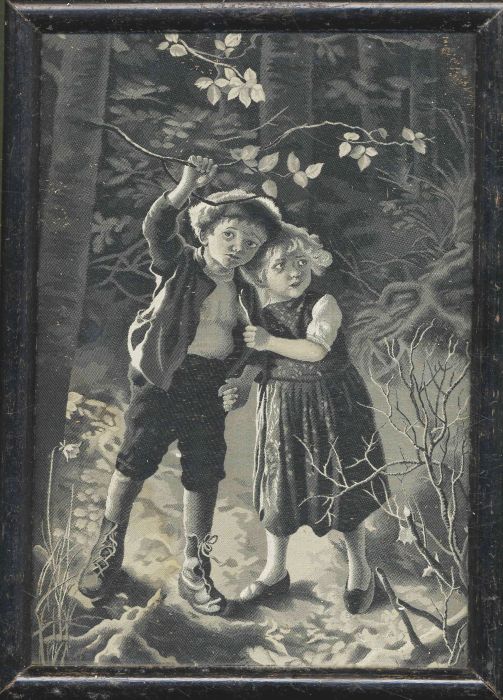 Seidenbild - Perdus dans la forêt. - Im Wald.