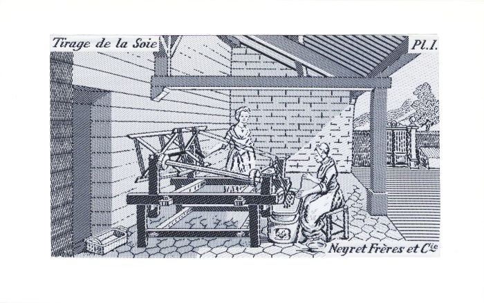 Seidenbild - Tirage de la soie. Zwei Weberinnen arbeiten an einem Webstuhl.