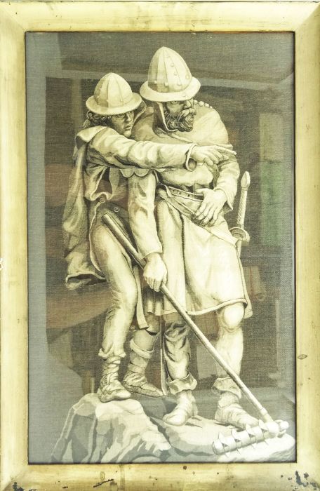 Seidenbild - Zwei Figuren (30jähriger Krieg?) mit Helm, Schwert und Streitflegel