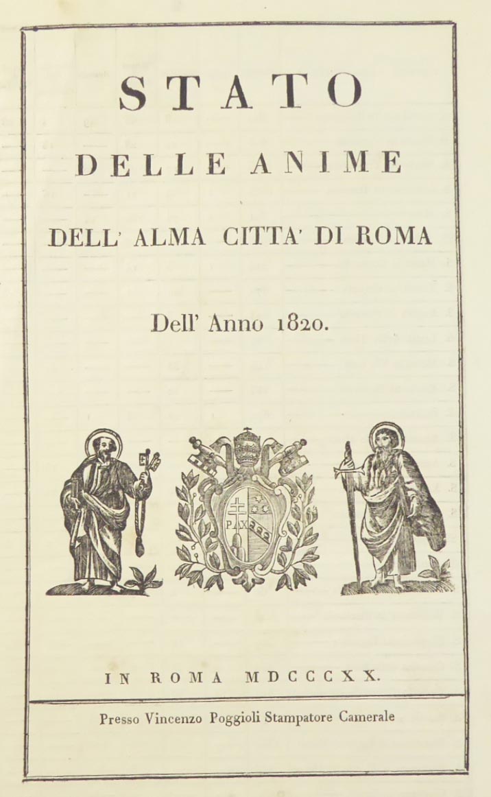 Stato delle anime dell' alma citta' die Roma dell' anno 1820.