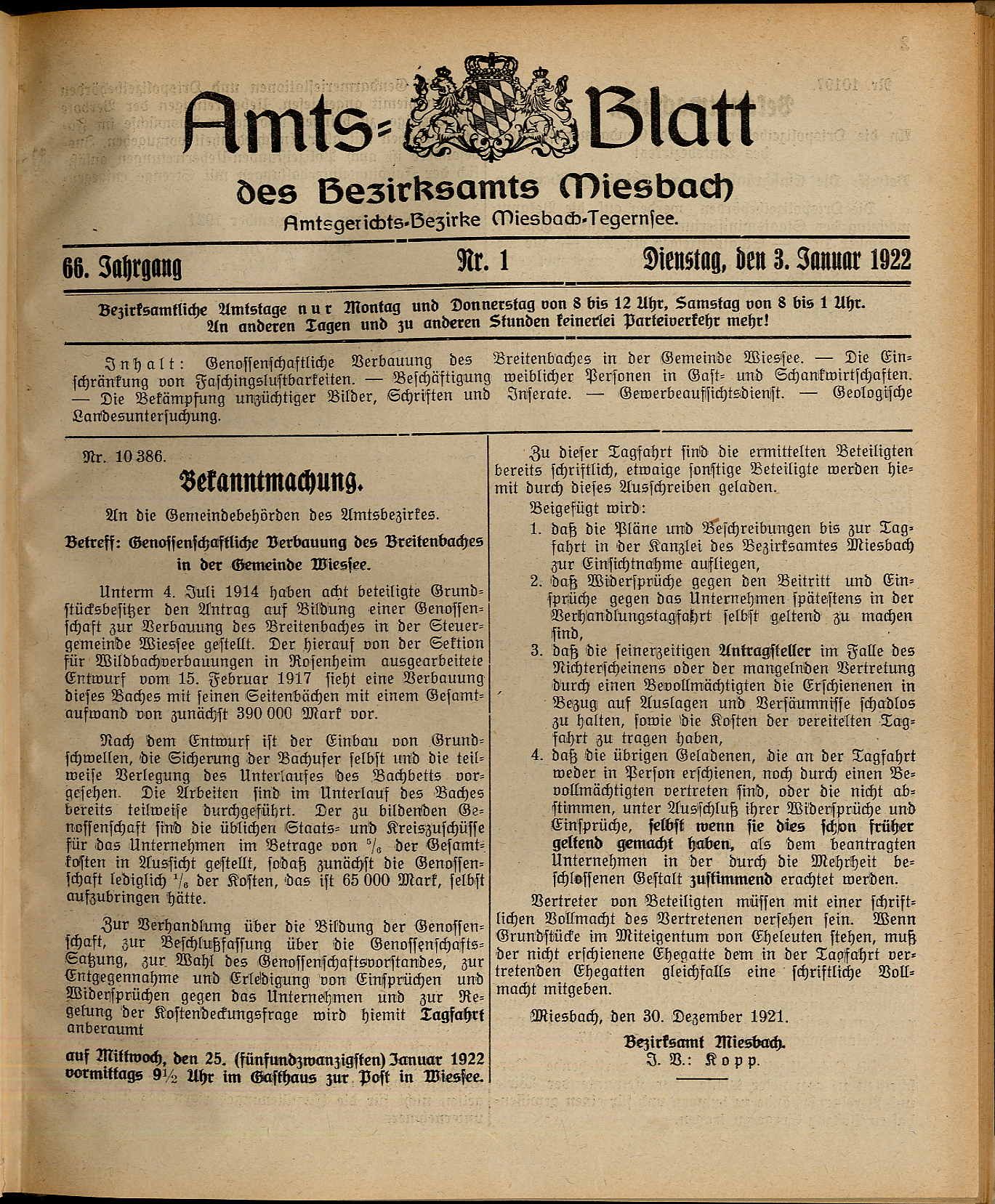 Amts-Blatt des Bezirksamts Miesbach. Amtsgerichts-Bezirke Miesbach-Tegernsee.