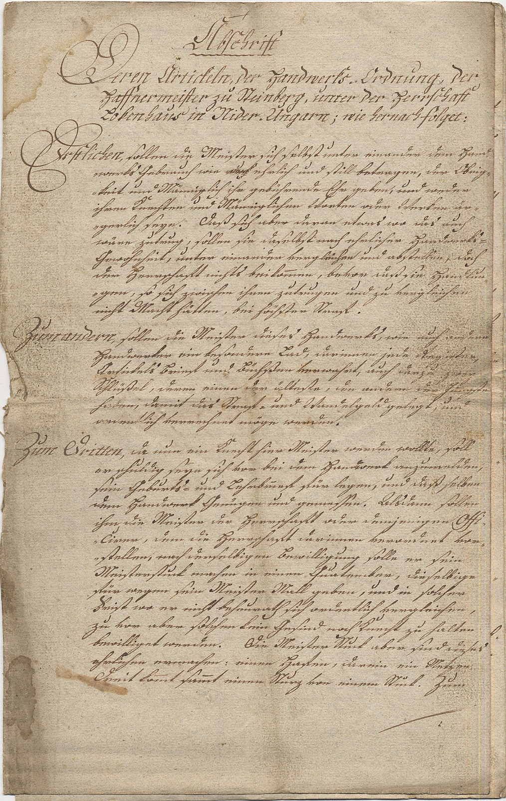 Abschrift Deren Artickeln der Handwerks-Ordnung Der Haffnermeister zu Steinberg,