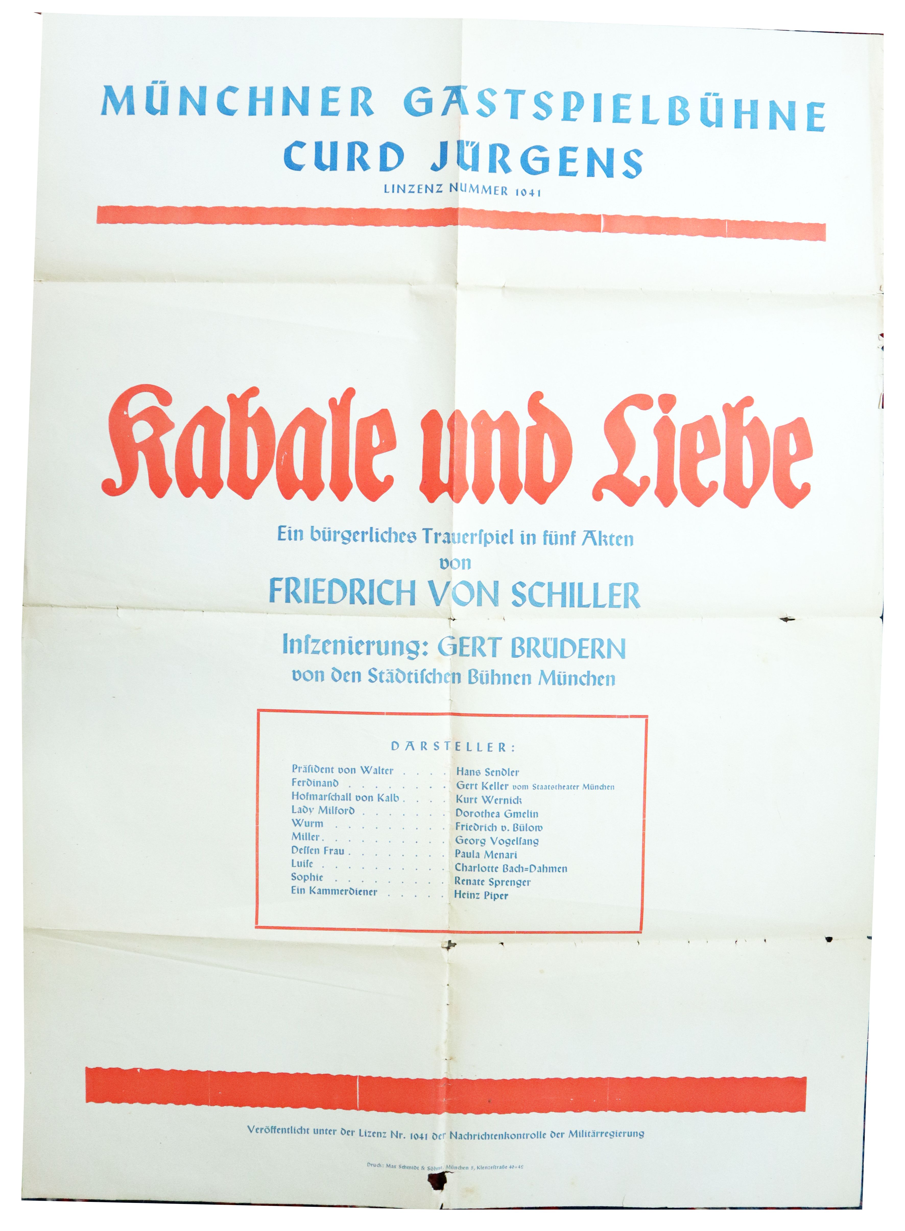 Münchner Gastspielbühne Curd Jürgens. Kabale und Liebe. Ein bürgerliches Trauers