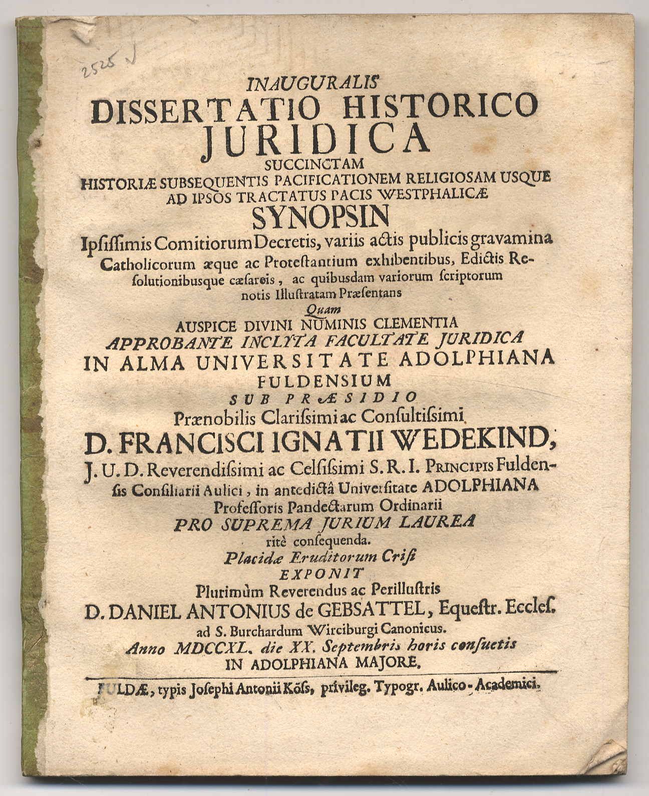 Gebsattel, Inauguralis Dissertatio historico juridica succinctam historiae subse